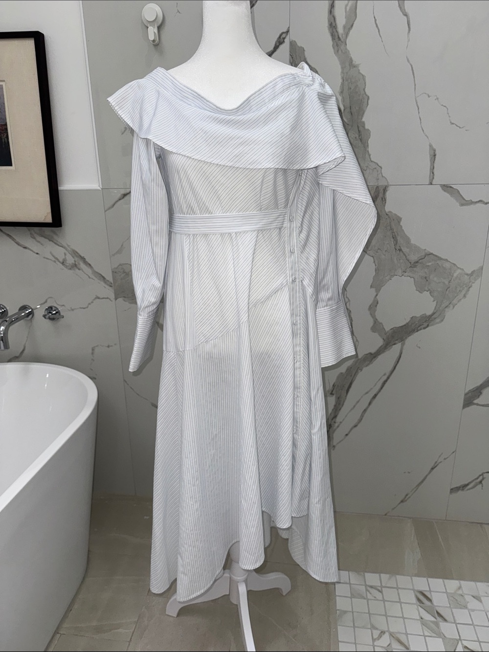 BCBGMaxAzria Limited Edition Runway White Pinstripe Off-Shoulder Midi Dress NWT